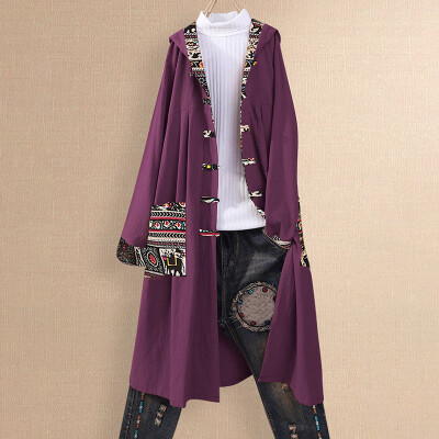 

Ladies Vintage Cardigan Long Sleeve Jacket Overcoat Printed Buttons Hoodie Coat