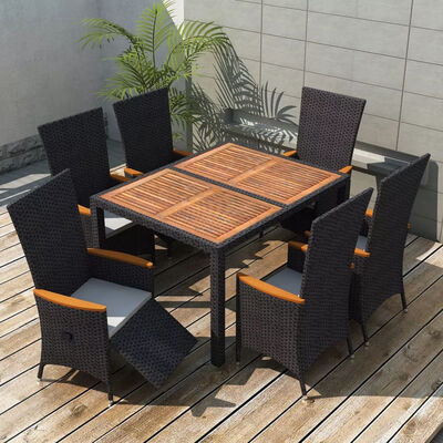 

7 Piece Outdoor Dining Set Poly Rattan Acacia Wood Black