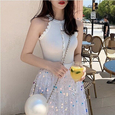 

Womens Sleeveless Sexy Halter Camisole Top Vest Buttons Ruffled Tank Top