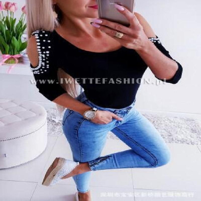 

Cross-border new AliExpress Amazon off-the-shoulder beaded long-sleeved shirt was thin casual sexy shirt spot black