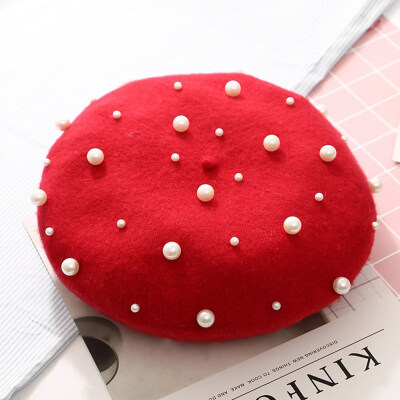 

Women Winter Warm Wool Pearl Felt Beret Hat Luxury Vogue Beret Hats