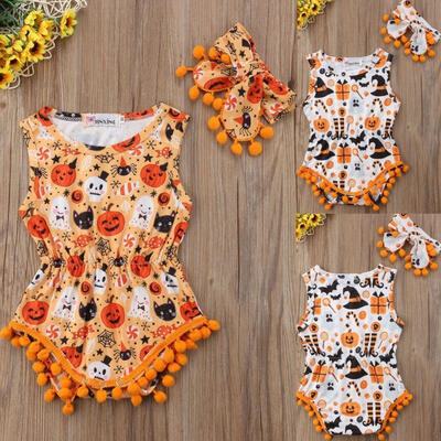 

New Newborn Baby Boys Girls Halloween Romper Bodysuit Headband Outfits Clothes
