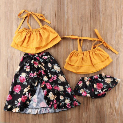 

Fashion Condole Belt Pants Suit Summer Clothings Toddler Baby Kids Girls Sister Strap Tops Floral Shorts Dress Outfits Set