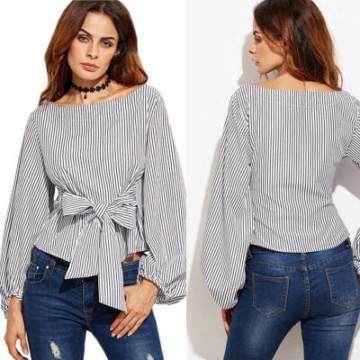 

Fashion Women Off Shoulder Top Striped T-shirt Bowknot Long Sleeve Blouse Summer