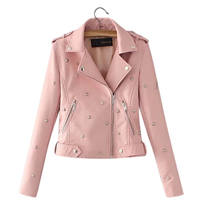 

Toponeto Womens Casual Solid Color Lapel Zipper Long Sleeve Rivet Leather Jacket Coat