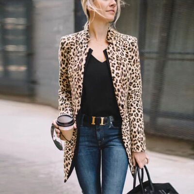 

Women Leopard Jacket Sweater Tops Warm Casual Cardigan Long Sleeve Blazer Coat