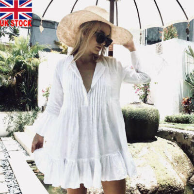 

UK Women Bikini Cover Up Swimwear Bathing Summer Beach Loose Blouse Shirt Dress