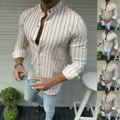 

Men Summer Striped Long Sleeve T Shirt Tops Slim Fit Casual Dress Shirts Blouse