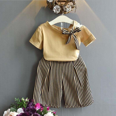 

2-7T Kids Baby Girl Summer Bow Tops T-shirt Striped Wide leg Pants Shorts Outfit