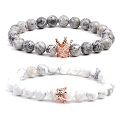 

New 2PcsSet His And Hers Bracelets 8mm Grey Map Stone & Howlite Beads Crown King Charm Bracelet For Lovers Distance Jewelry