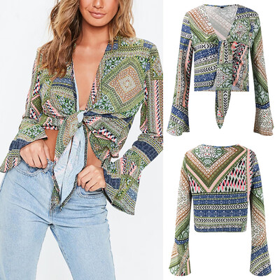

Womens Summer Deep V Neck Flutter Sleeve Button Down Front Tie Casual Tops