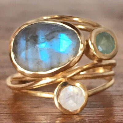 

Unique Gold Labradorite Moonstone Aqua Blue Shell Ring Wedding Jewelry Gifts Size 6 7 8 9 10