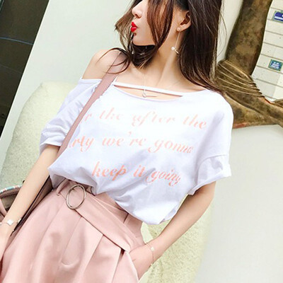 

Women Summer One Word Collar Strapless Short-Sleeved Letter Print Loose Casual Simple Wild T-Shirt