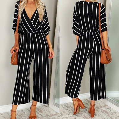 

Women Short Sleeve Striped Jumpsuit Romper Clubwear Wide Leg Pants Outfits