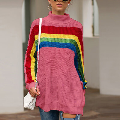

Womens loose high collar rainbow casual sweater