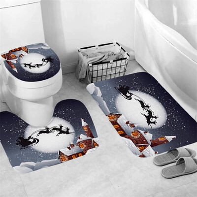 

Gobestart 3Pcs Christmas shower Curtain Bathroom Anti-slip Carpet Rug Toilet Cover Mat Set