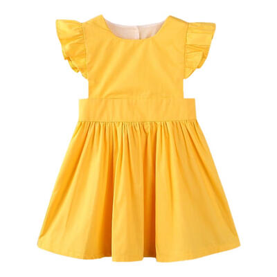 

Solid Color Flying Sleeve Pleated Dress Girls Kids Buttons Cute Clothing