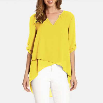 

Fashion Womens Tops Shirt V-Neck Short Sleeve Irregular Hem Casual Loose Blouse