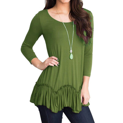 

Nomeni Women Casual Solid O-Neck 34 Sleeved Ruffled Pleated Hem Top T-Shirt Blouse