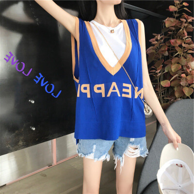 

Women Summer Sexy V Neck Sweet Caism Top Sleeveless Slim Letter Print Hollow Knit Short Vest Casual Loose Fashion Tank Top