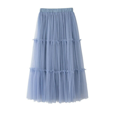 

Lady Women Elastic Mesh Tulle Pleated Dress A Line High Waist Long Maxi Skirt