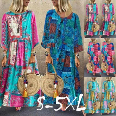 

Womens Maxi Beach Dress Long Sleeve Casual Boho Kaftan Tunic Gypsy Ethnic