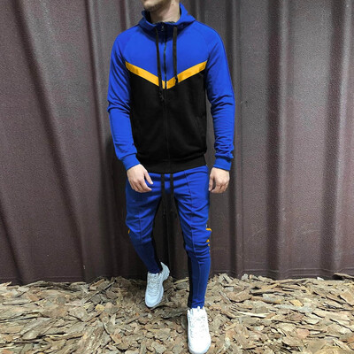 

Toponeto Mens Autumn Winter Patchwork Sweatshirt Tops Pants Sets Sports Suit Tracksuit