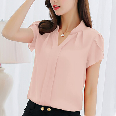 

Starmoon Women Summer Work Office V Neck Short Sleeve Solid Chiffon Blouse Plus Shirt Top