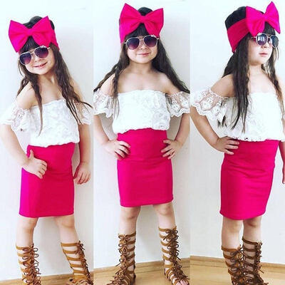 

Kids Baby Girls Off shoulder Lace Floral Tops T shirtSkirts 3pcs Outfits Set