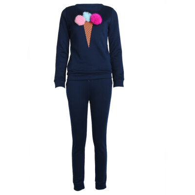 

Women Sweatshirt Ice Cream Print Hair Plush Ball Casual Tracksuit Set