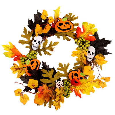 

Artificial Halloween Wreath Autumn Maple Leaf Pumpkin Berry Wreath Halloween Door Home LED Decor Front Door Hanging Garland