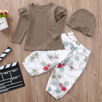 

Toddler Infant Baby Girls Solid Tops T-shirt Floral Print Pants Hats Outfits Set
