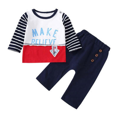 

Cute Casual Clothing Set Boys Stripe Letters Print 2pcs Autumn Tops Pants