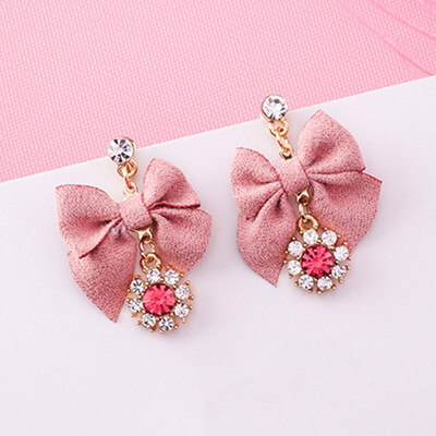 

2019 Korean Sweet Pink Bow Drop Earring Bling Crystal Long Earring brincos pendientes Wholesale Jewelry