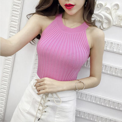 

Women Casual Basic Sexy Candy Color Knit Hanging Neck Bottoming Warm Vest Stretch Tank Tops