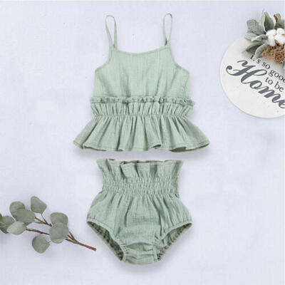 

UK Infant Kid Baby Girl Linen Ruffle Tops Shorts Pants Outfit Clothes 0-18M 2PCS