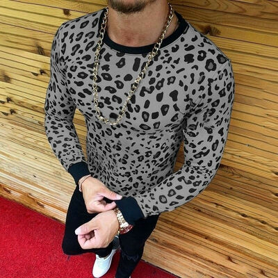 

Fashion Mens Slim Fit O Neck Long Sleeve Leopard Tee T-shirt Casual Tops Blouse