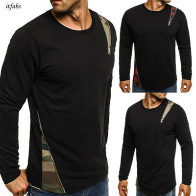 

Mens Long Sleeve Pullover Plaid Splicing Slim Pullover Casual Bottoming Shirt