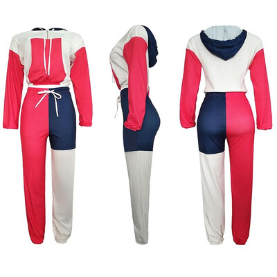 

Women Bomber Jacket Pencil Pants Set Color Block Raglan Long Sleeves Sport Tights Gym Fitness Casual 2PCS