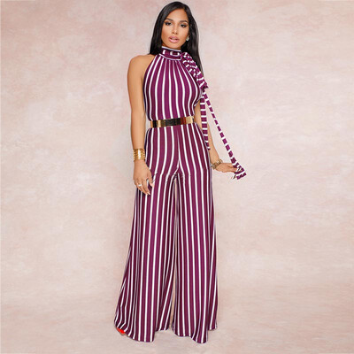 

Women Summer Deep V Straps Striped Print Irregular Sling Romper Lace Backless Loose Jumpsuit