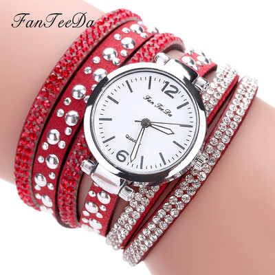 

FanTeeDa Multi Layers Women Quartz Bracelet Watch PU Leather Weave Wrap Crystal Wristwatch Jewelry Gifts 533