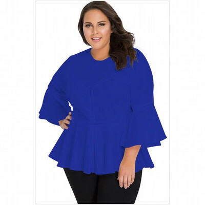 

Plus Size round neck seven-point trumpet sleeve solid color crochet casual top