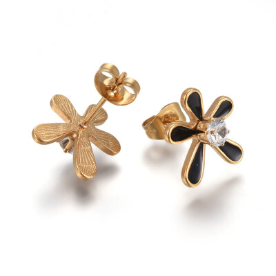 

304 Stainless Steel Stud Earrings with Enamel&Rhinestone Flower Black Golden 14x125mm Pin 08mm 6pairscard