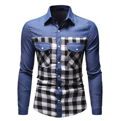 

Tailored Men Casual Plaid Patchwork Panel Button Down Denim Shirt Top Blouse