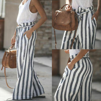 

Women Pants Palazzo Wide Leg Casual Stripe Loose Harem Summer Beach Trousers
