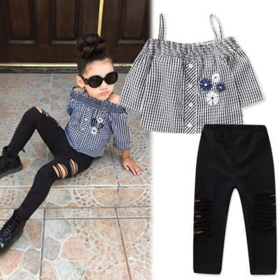 

Floral Casual Clothes T-Shirt TopsRipped Trousers Leggings 2PCS Outfits Sets