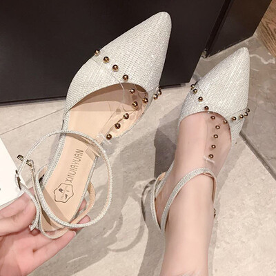 

Korean version elegant early spring bag head sexy riveted sandals womens fine heeled tip button-up heels