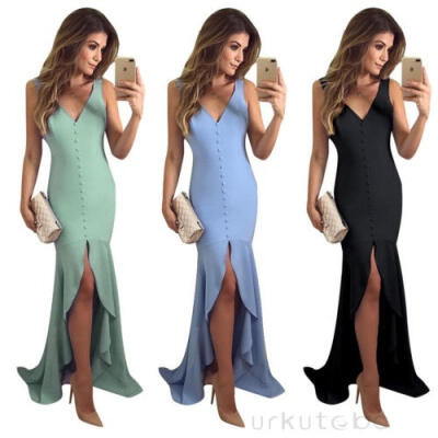 

Women Deep V-neck Split Evening Party Prom Bridesmaid Ball Gown Formal Dress