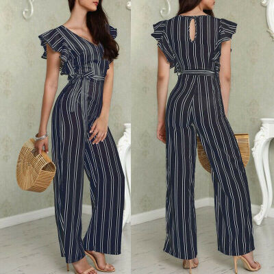 

Women Sleeveless Stripe Playsuit Ladies Summer Romper Long Jumpsuit Trousers