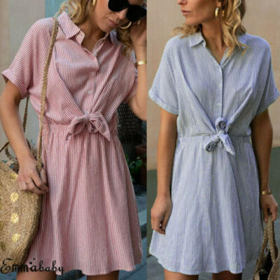 

Women Short Sleeve Button Bandage Dress Summer Casual Beach Party Striped Dress
